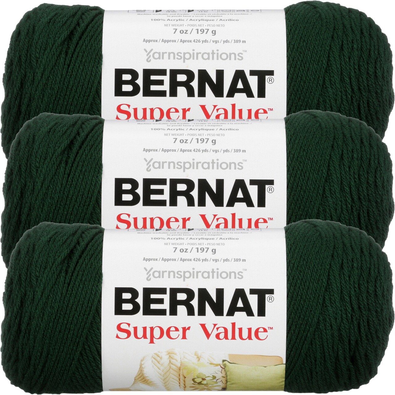 Bernat Super Value Deep Sea Green Yarn - 3 Pack of 198g/7oz - Acrylic - 4 Medium (Worsted) - 426 Yards - Knitting/Crochet